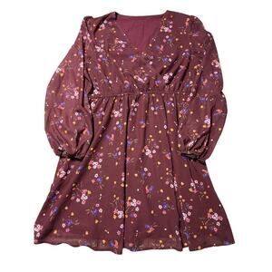 Womens 2XL Maroon Floral V-Neck Lined Flare Casual Dress